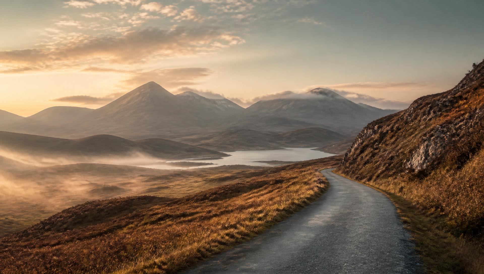 A quiet single-track road winding through the Scottish Highlands at golden hour