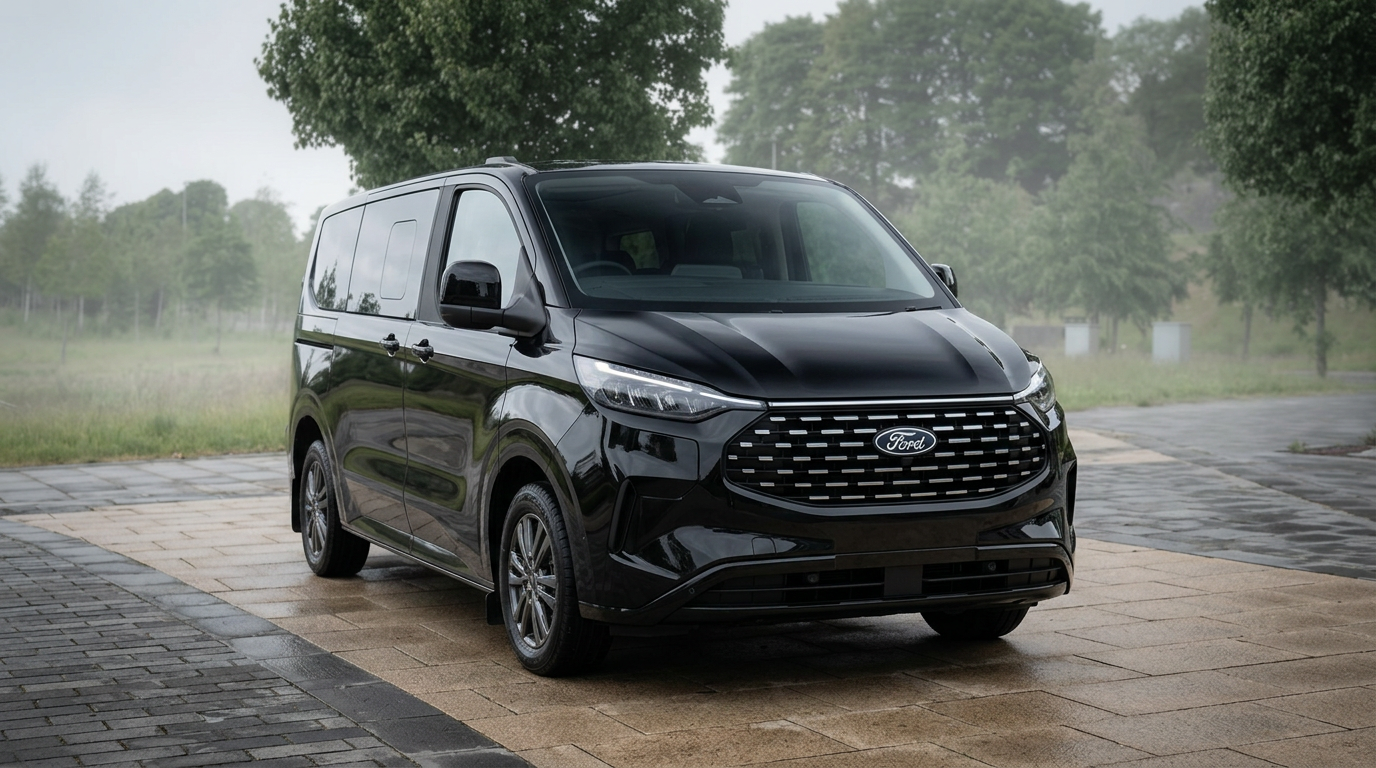 Black 2026 Ford Tourneo Custom eight-seat people carrier waiting outside a Scottish country hotel at dusk